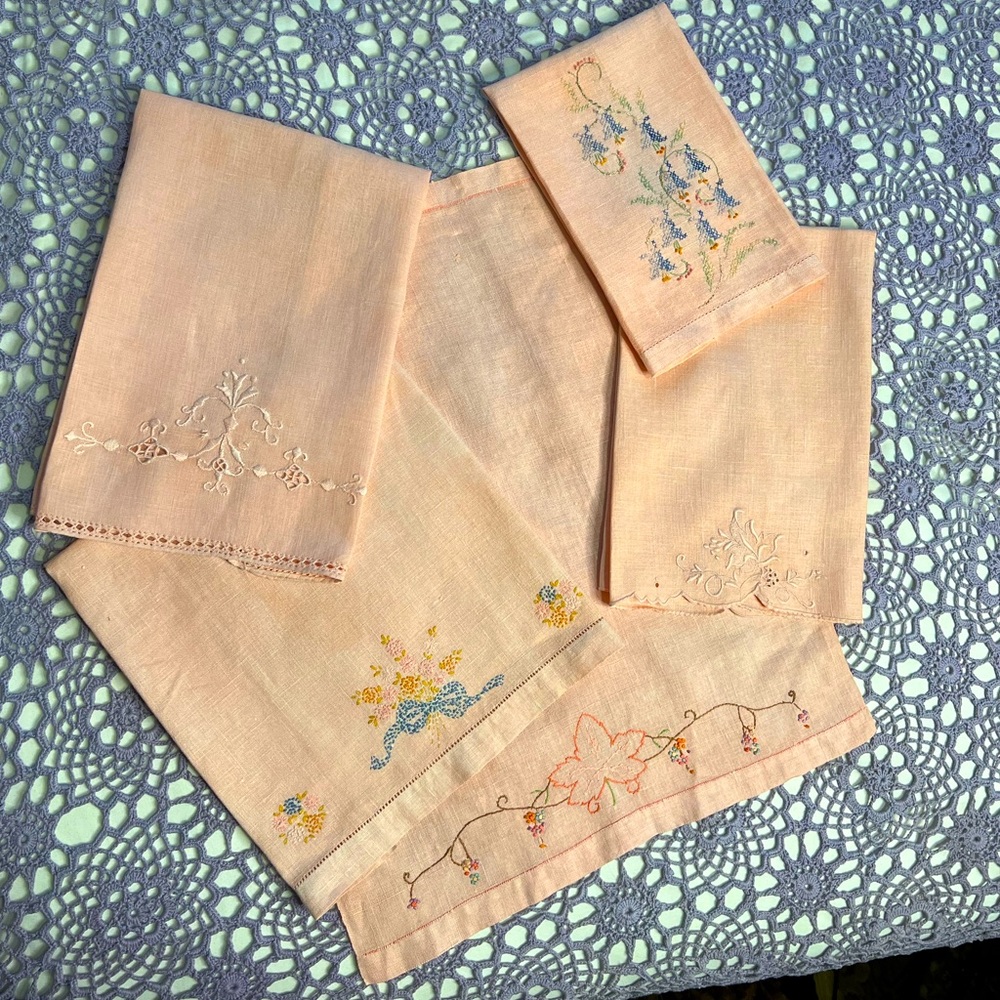 Vintage Upcycled Set Of 5 Linen Tea Towels